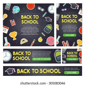 Back to school banner set different sizes. Educational elements on blackboard. Vector eps 10. 