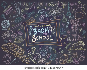 Back to School banner. Set of doodles icons of education, science objects, office supplies and lettering Back to School on chalckboard. Vector illustration.