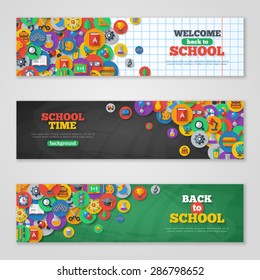 Back To School Banner Set With Flat Icons on Circles. Vector Illustration. Arts and Science Stickers. Education Concept.