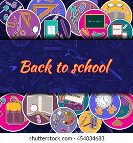 Back To School Banner Set With Flat Icons on Circles. Vector .  Illustration for design. Arts and Science Stickers. Education Concept.