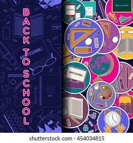 Back To School Banner Set With Flat Icons on Circles. Vector .  Illustration for design. Arts and Science Stickers. Education Concept.