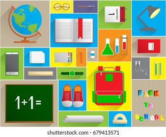 Back To School Banner Set With Flat Icons. Vector Flat Illustration. Arts and Science Stickers. Education Concept.