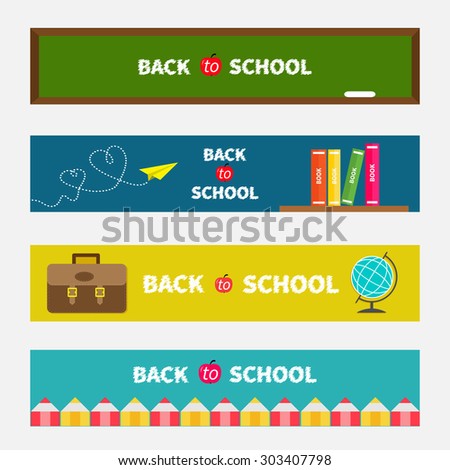 Back to school banner set Green board, world globe, book shelf, origami paper plane, schoolbag briefcase, pencil frame. Bookmark collection Flat design Vector illustration 