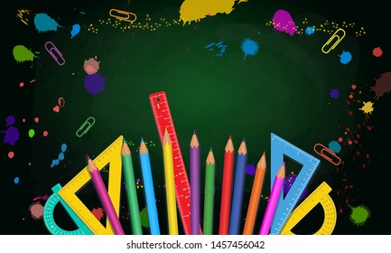 Back to school banner. Set of realistic colorful school supplies isolated on watercolor green chalkboard background with watercolor paint splashes. Triangle measure ruler, protractors, pencils