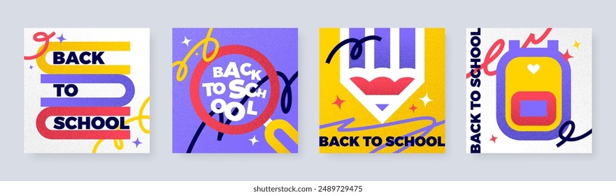 Back to school banner set. Simple flat design with grain texture. Vector illustration. Education flyer.