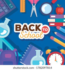 Banner de regreso a la escuela con conjunto de suministros educación diseño de ilustración vectorial