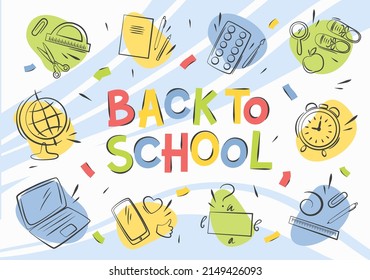 Back to school. Banner with set school supplies and objects. Vector illustration