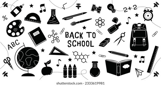 Back to School banner. Set school supplies.  School element, stationery in doodle style. Vector flat illustration. 