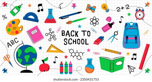 Back to School banner. Set school supplies. School colorful element, stationery in doodle style. Vector flat illustration.