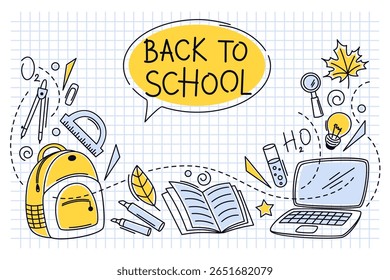 De volta ao banner da escola. Conjunto de material escolar. Modelo de cartaz escolar com acessórios desenhados à mão. Educação, aprendizagem, conceito de conhecimento. Ilustração vetorial