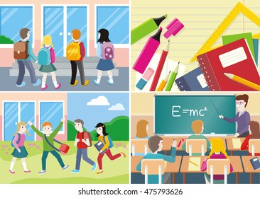 Back to school banner set. Teacher near blackboard in classroom. School supplies, notebooks, pencils, pens. Group of students near the school. Learning process in classroom.