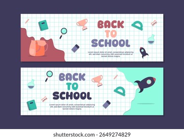 Back to school banner set template with stationery elements such a book and pencil. Back to school banner collection set
