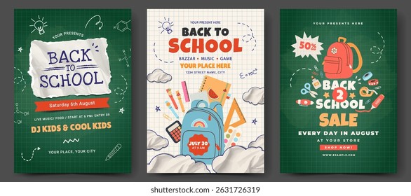 Back to School banner set with typography and school supplies elements. Vector design template for poster, card, sale, invitation, flyer.