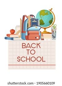 Back to school banner with sign opened book backpack globe and stationery poster with school supplies vector illustration on white background