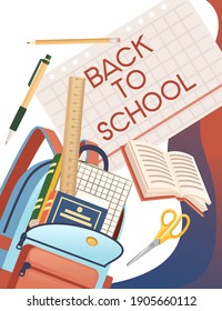 Back to school banner with sign opened book backpack and stationery poster with school supplies vector illustration on white background