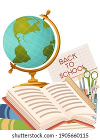 Zurück zu Schulbanner mit Schild mit offener Bücherglocke und Schreibtischposter mit Schulbedarf, Vektorgrafik auf weißem Hintergrund