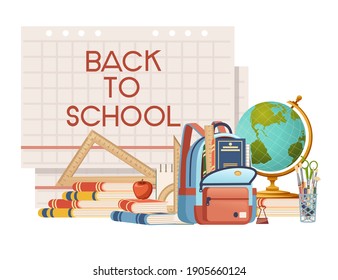 Back to school banner with sign opened book globe and stationery poster with school supplies vector illustration on white background