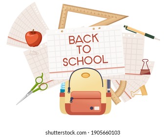 Back to school banner with signa stationery and books in backpack poster with school supplies vector illustration on white background