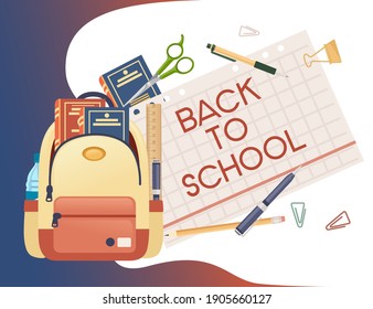Back to school banner with signa stationery and books in backpack poster with school supplies vector illustration on white background