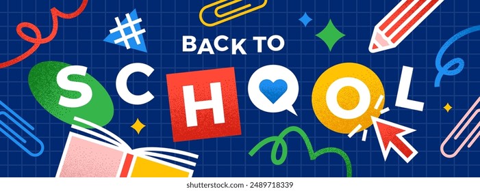 Back to school banner. Simple flat design with grain texture. Vector illustration. Education flyer.