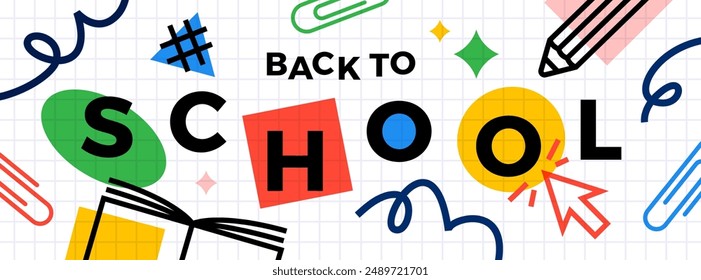 Back to school banner. Simple flat line design with doodle. Vector illustration. Education flyer.