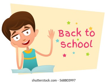 Back to school banner. Smart boy sitting with an open book and waving.