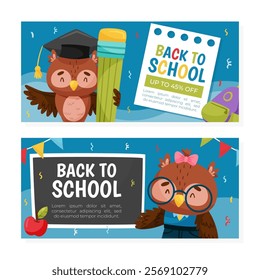 Back to School Banner with Smart Owl Character as Forest Animal Vector Template