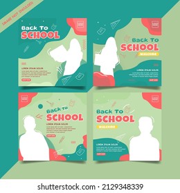 De vuelta a la escuela, afiche en redes sociales. Plantillas editables de medios sociales para promociones en Back to School. Conjunto de historias en medios sociales y marcos de publicaciones. Diseño de diseño para marketing en medios sociales