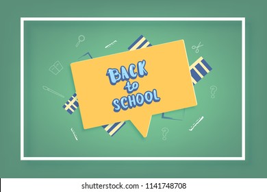 Back to school banner with speech bubble. Template for season promotion cards. Education cover with decoration. Vector illustration. 