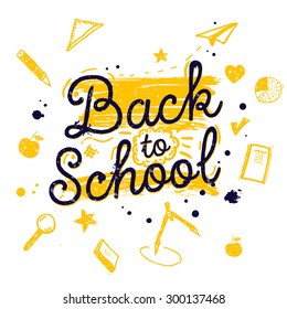 Back to school banner with stationary and learning icons. Hand drawn vector doodles, yellow and blue ink, isolated on white background