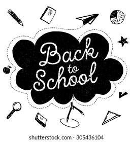 Back to school banner with stationary and learning icons. Hand drawn vector doodles isolated on white background