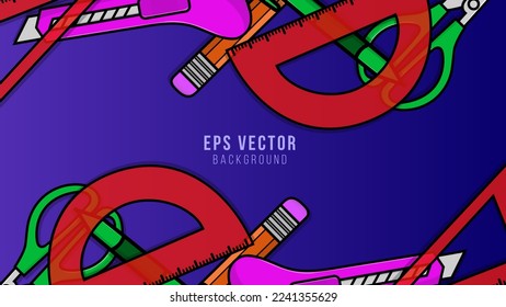 Back to School banner, stationery objects and office supplies on the blue background