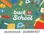 Back to school banner with stationery on chalkboard. School supplies including notebooks, rulers, scissors, pencils, glue, paints, pins. Academic poster with handwritten lettering. Vector illustration