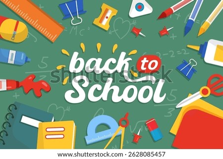 Back to school banner with stationery on chalkboard. School supplies including notebooks, rulers, scissors, pencils, glue, paints, pins. Academic poster with handwritten lettering. Vector illustration