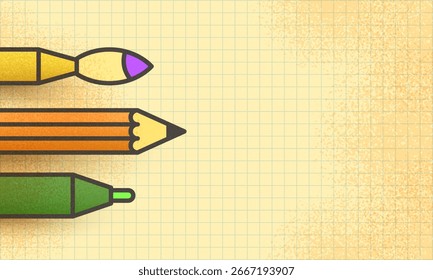 De volta à bandeira da escola com papelaria escolar. Design plano simples com doodle colorido e textura de grãos. Folheto educativo. Fundo xadrez do caderno escolar, conceito de educação. Estilo de rabiscar granulado