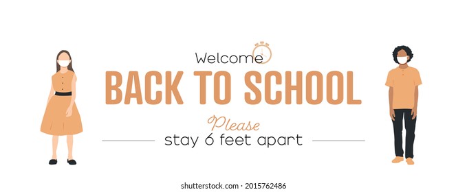 Back To School Banner. Stay 6 Feet Apart. White Background.