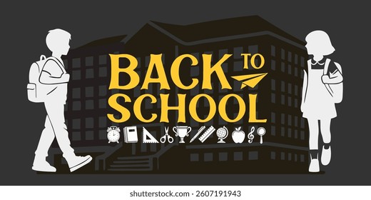 Back to school banner with student silhouettes and school stationery icons. Simple flat design with dark background and yellow typography. Education flyer. Vector illustration.