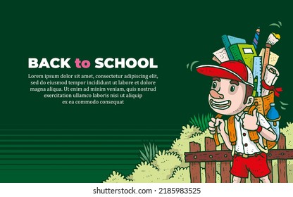 Cartel de regreso a la escuela con ilustración de caricaturas que caminan los estudiantes
