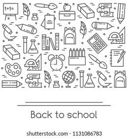 Anuncio de regreso a la escuela con suministros de estudio en el arte en línea - varios Elementos para el proceso de estudio y educación aislados sobre fondo blanco. Esquema de la Ilustración vectorial de saludo para la tarjeta de promoción.