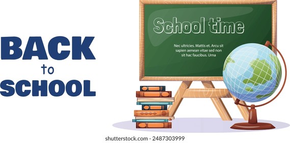 back to school banner. school subjects and area for text. school board, books, globe. illustration for background, advertising, banner, sale