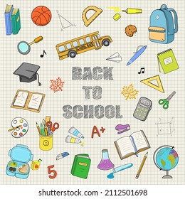 Back to school banner with school subjects and supplies on on a sheet of paper in the background. Vector illustration