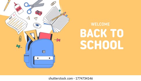 Back to school banner. School supplies with bag. Templates with place for text for invitation, poster, banner, sale. Vector back to school illustration.