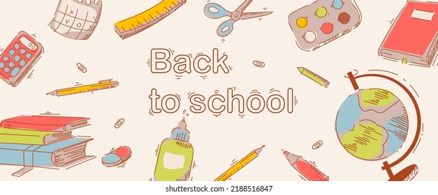 Back to School banner. School supplies, books, pens, pencils for office and school. Hand drawing. Flat vector illustration
