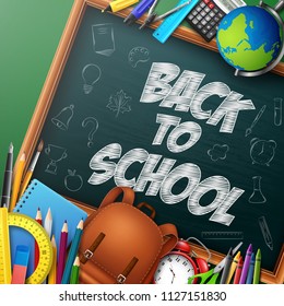 Back to School banner with school supplies and doodles on chalkboard background