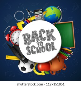Back to School banner with school supplies and doodles on blue chalkboard background