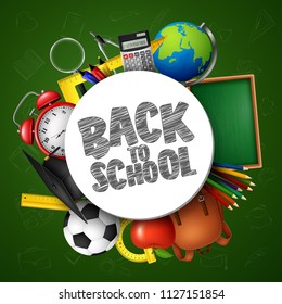 Back to School banner with school supplies and doodles on green chalkboard background