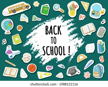Back to school banner with school supplies icons on green background. Vector illustration