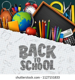 Back to School banner with school supplies on blue chalkboard background