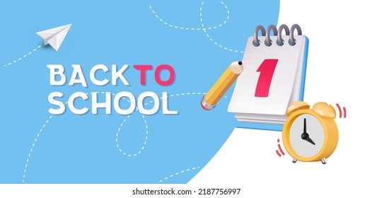 Back to school banner with school supplies on blue background. Vector 3d illustration. Stationery items. Pens, pencils and marker pens. Educational banner design