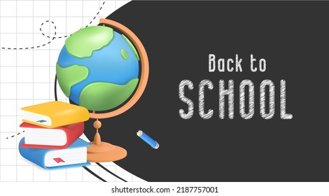 Back to school banner with school supplies on black background. Vector 3d illustration. Stationery items. Pens, pencils and marker pens. Educational banner design